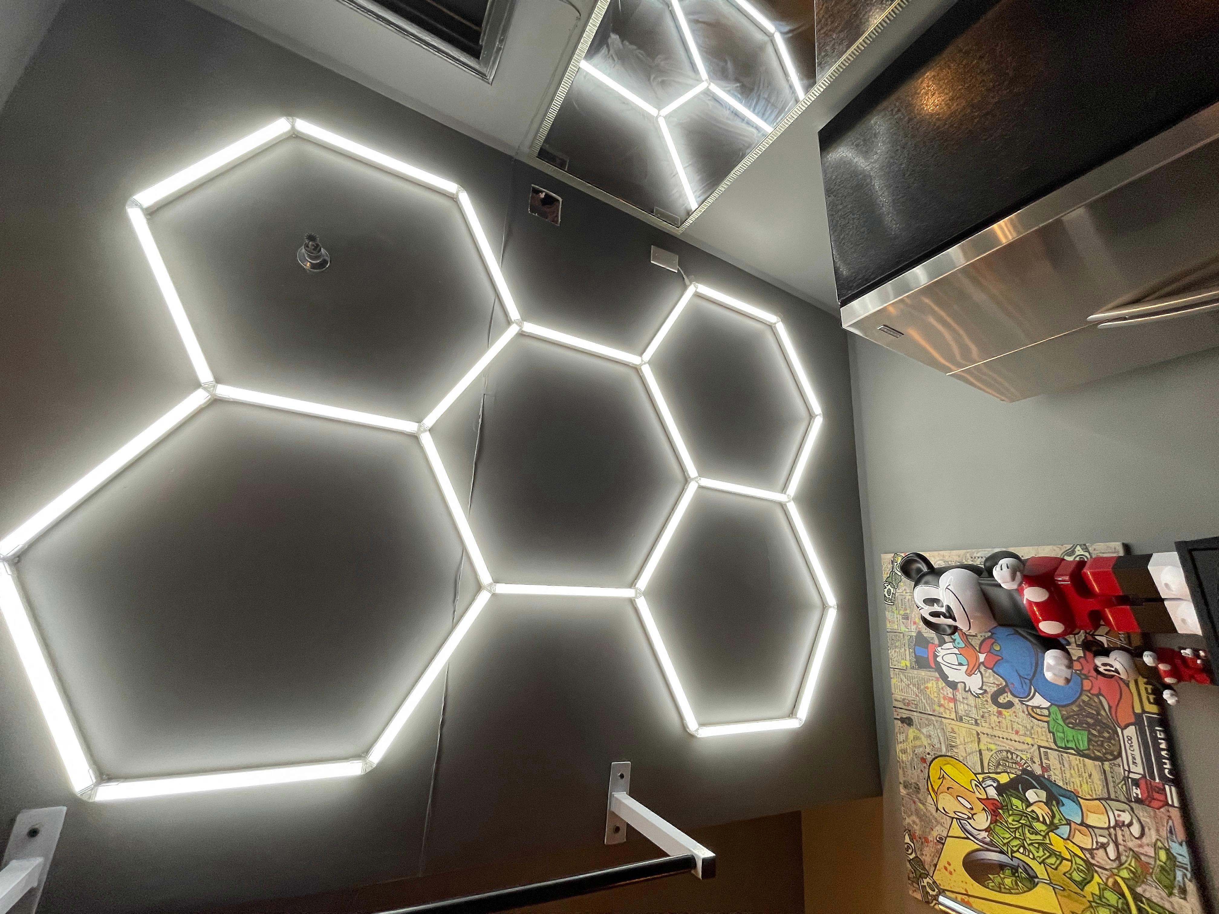 3*3M LED Hexagon Garage Ceiling Lights Multi-Position Panels Deformable Shop Light Daylight for Workshop Basement Bay