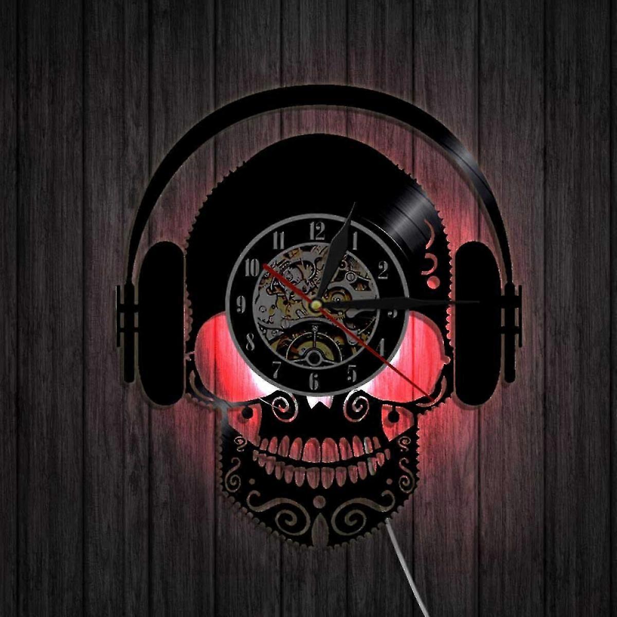 音楽ビニールレコード壁掛け時計 - ヘッドフォン付き頭蓋骨 - LEDライト壁掛け時計 - ビニール時計 - リビングルームの壁の装飾 - 音楽愛好家のためのユニークなギフト - MXBC