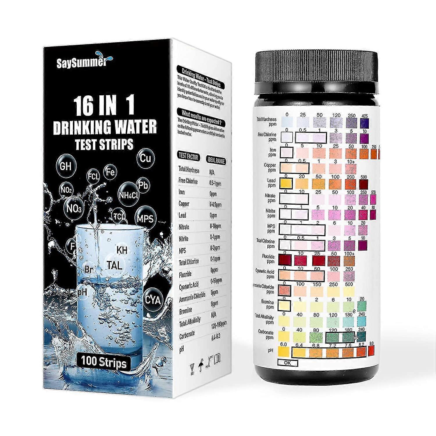 Drinking Water Test Strips, 16 In 1 Water Testing Kits For Drinking Water 100pcs Water Test Strips For Well Tap Water Quality Testing For Lead, Chlori