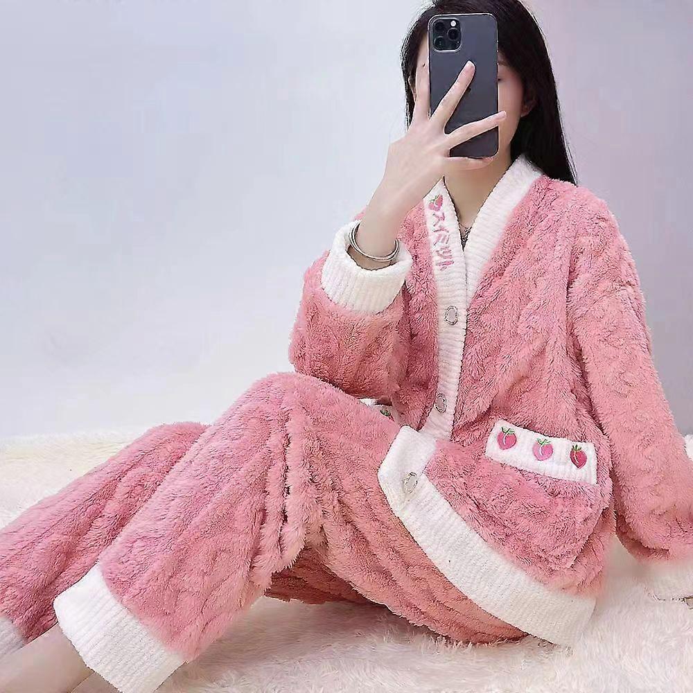 Women Winter Fleece Pajama Set V-neck Long Sleeve Fashion Warm