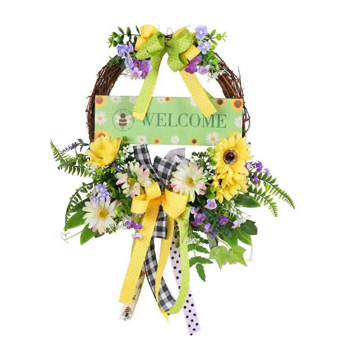 Welcome Spring Wreath Welcome Sign Decorative Wreath with Bow and Flower Festival Decoration Outdoo