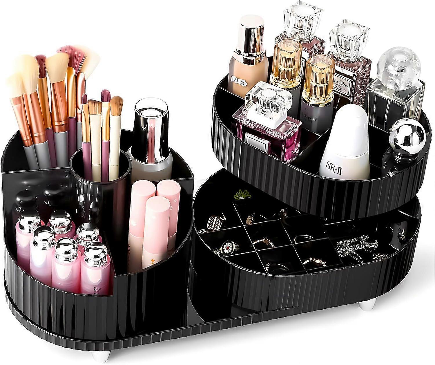 Makeup Organiser,360 Rotate Make Up Organiser with 3 Layer Compartment,Perfect for Dresser, Bathroom, Bedroom (Black, Two layers)