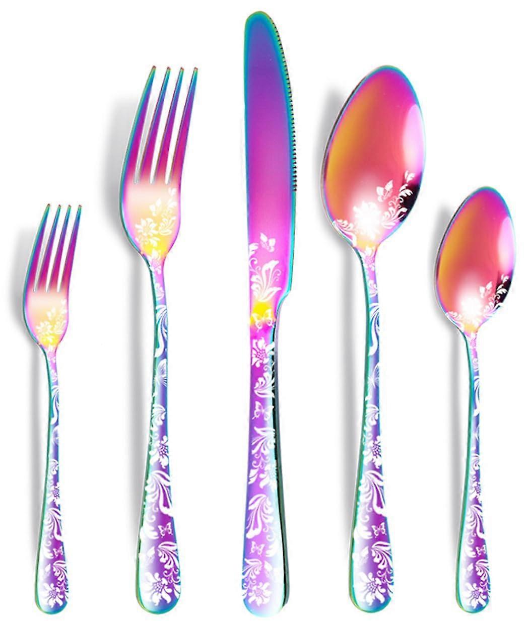 Juego de cubiertos negros de 5 piezas, cubiertos de acero inoxidable con diseño floral