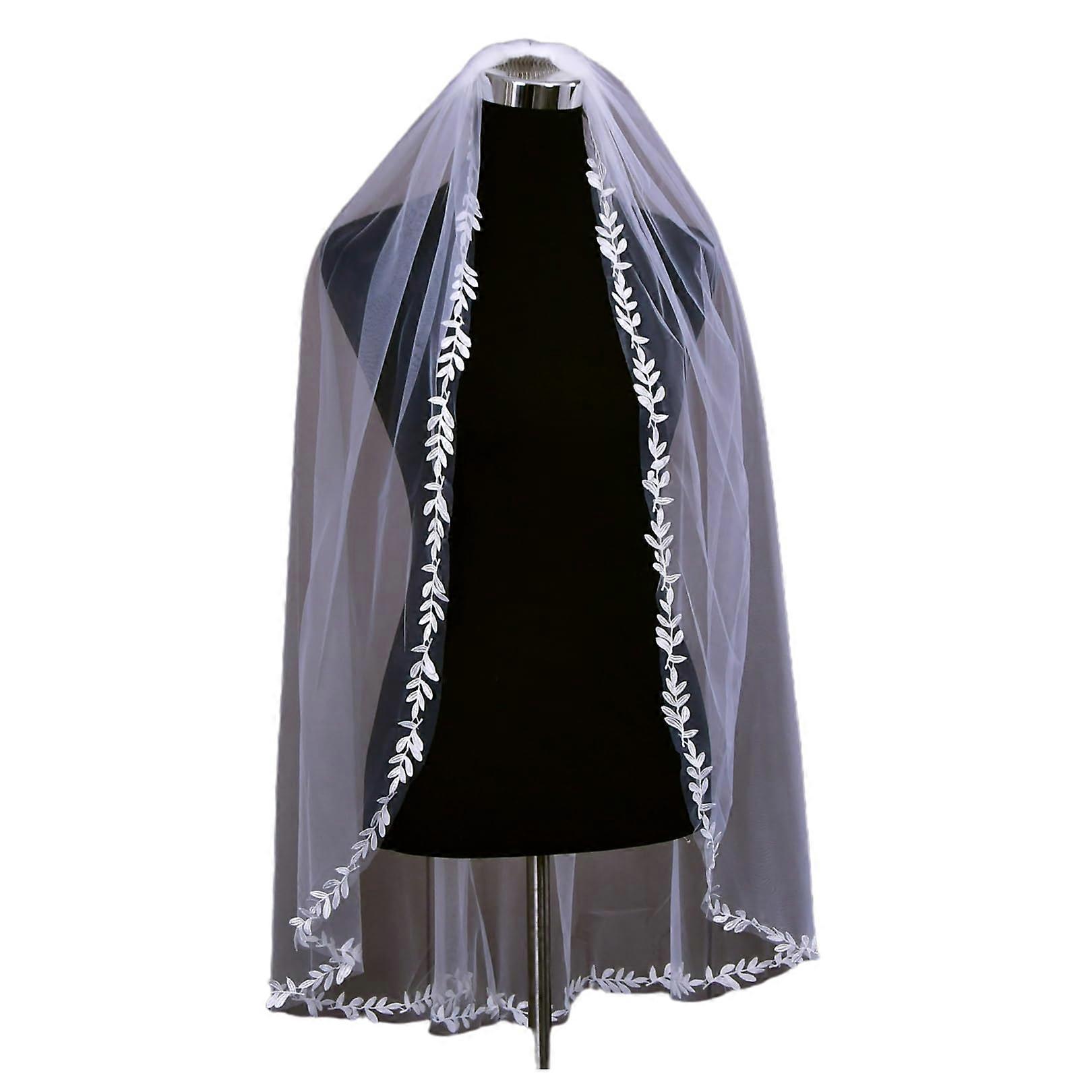 1 Layer Bridal Veil With Lace Trim And Comb - Wedding Veil For Bride, 108 Inch Length, Elegant White Tulle Design