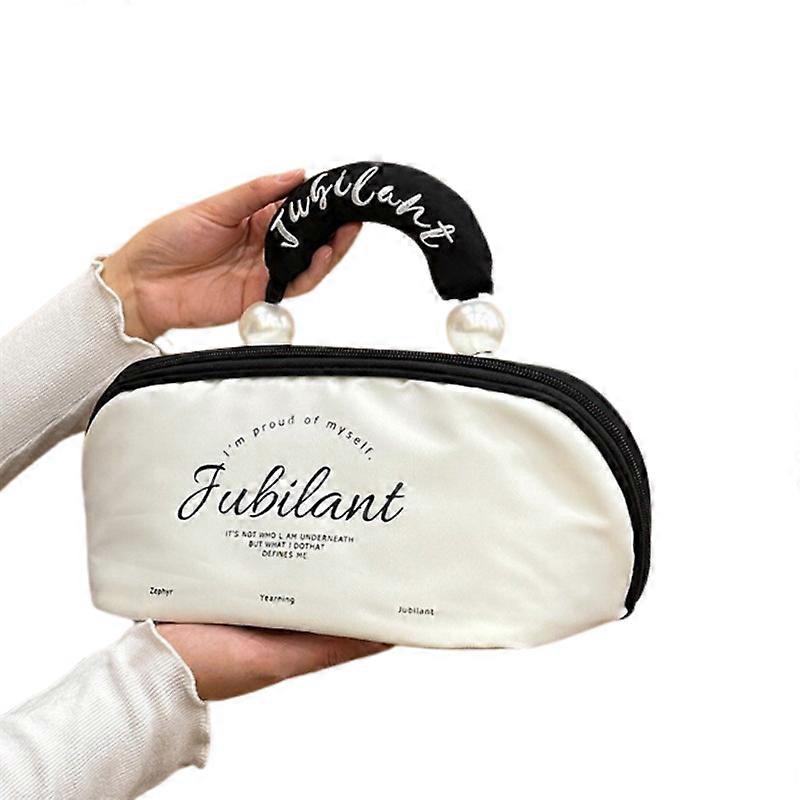 Elosung White Patchwork Black Waterproof Color Block Makeup Bag With Pearl Handle Large Capacity Cosmetic Storage Organizer For Travel Daily Use Makeu