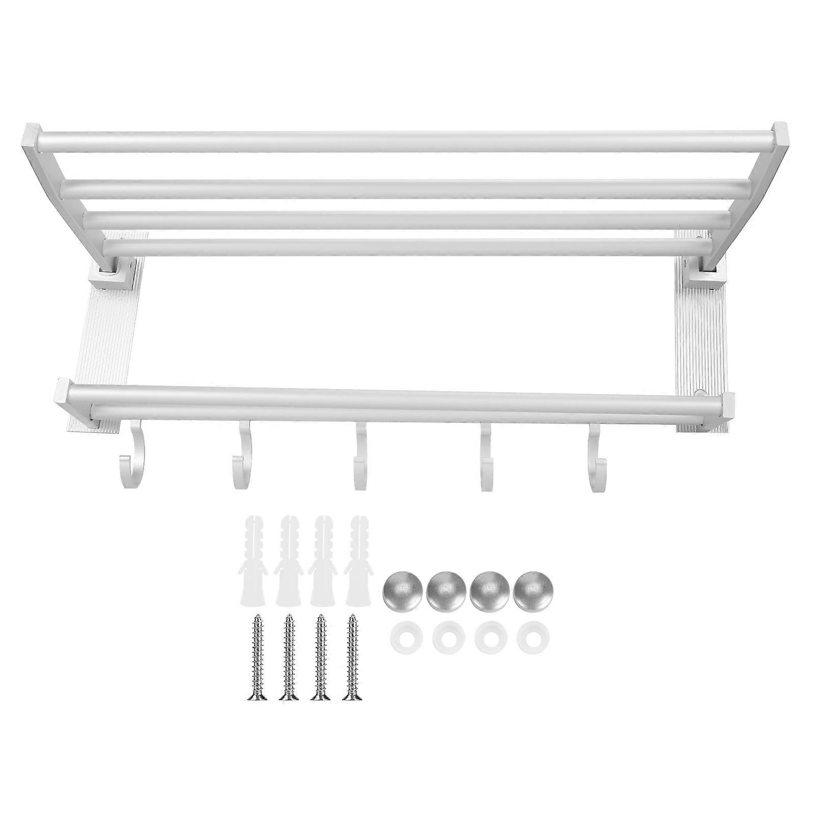 40cm Shower Shelf Foldable Aluminum Bathroom Towel Coat Rack with 5 Hooks Silver