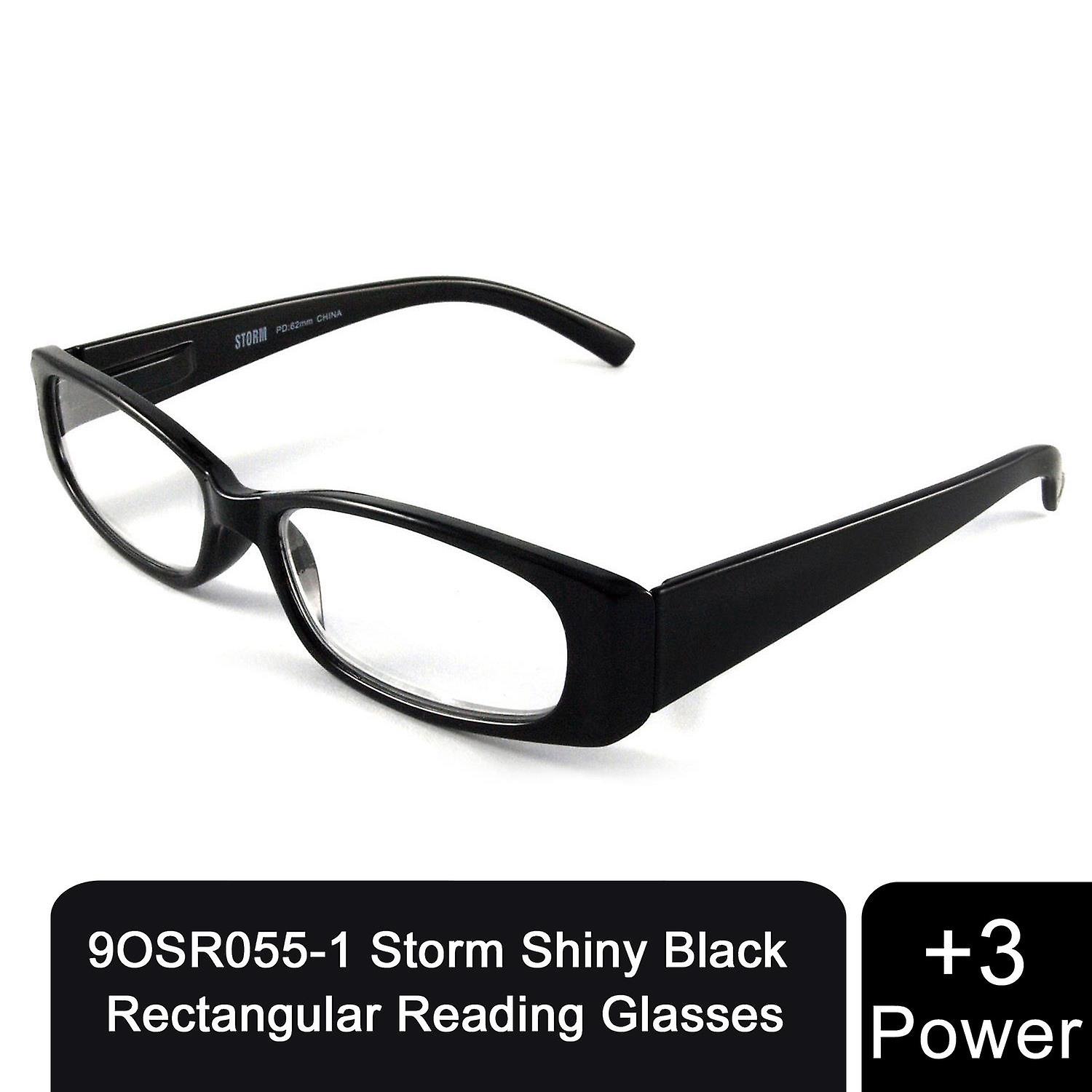 Storm Unisex Leightweight Shiny Black Rectangular Comfortable Spring Hinge +3 Power Glasses