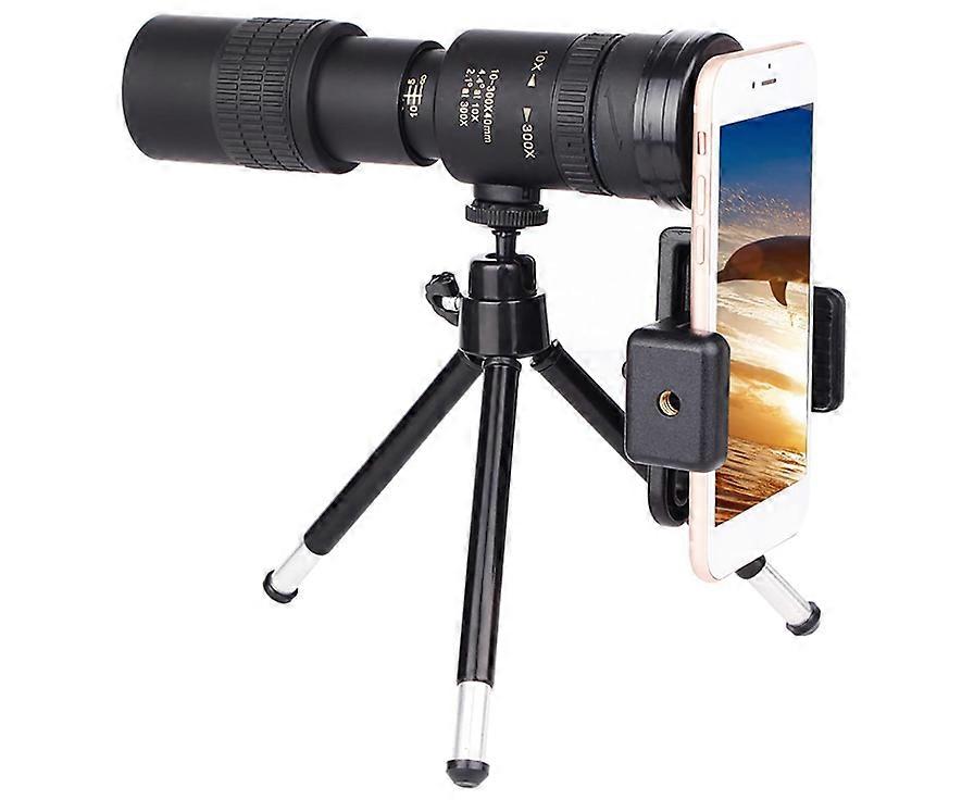 10-300X40mm BAK4 Prism Telescope Monocular Location Scope with Smart Phone Holder and Tripod for Adults Bird Watching Camping Hiking(Black)