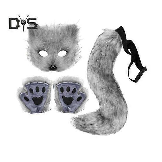 1 Set Cosplay Fake Fox Tail Mittens Masque Set Soft Fuzzy Plush Adjustable Waist Circumference Anti-slip Performance Club Dance Paty Costumes Prop