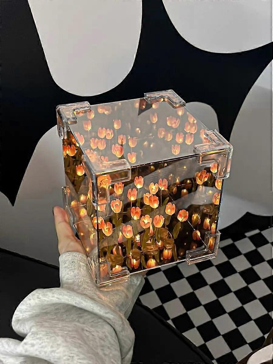 Finished Tulip Mirror Night Light 2-In-1 Mirror And Decorative Light Pink 20 LED Infinite Mirror Effect For Bedroom