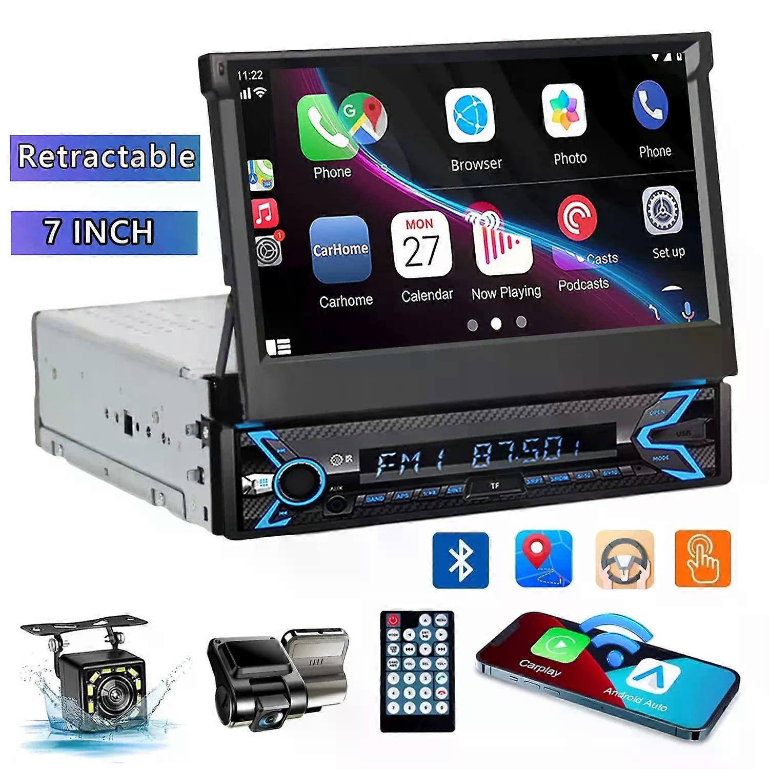 7 Inch Retractable Car Radio Stereo 1 Din HD Touch Screen Car Video Player with Dash Cam & Backup Camera Navigation AUX/FM/USB