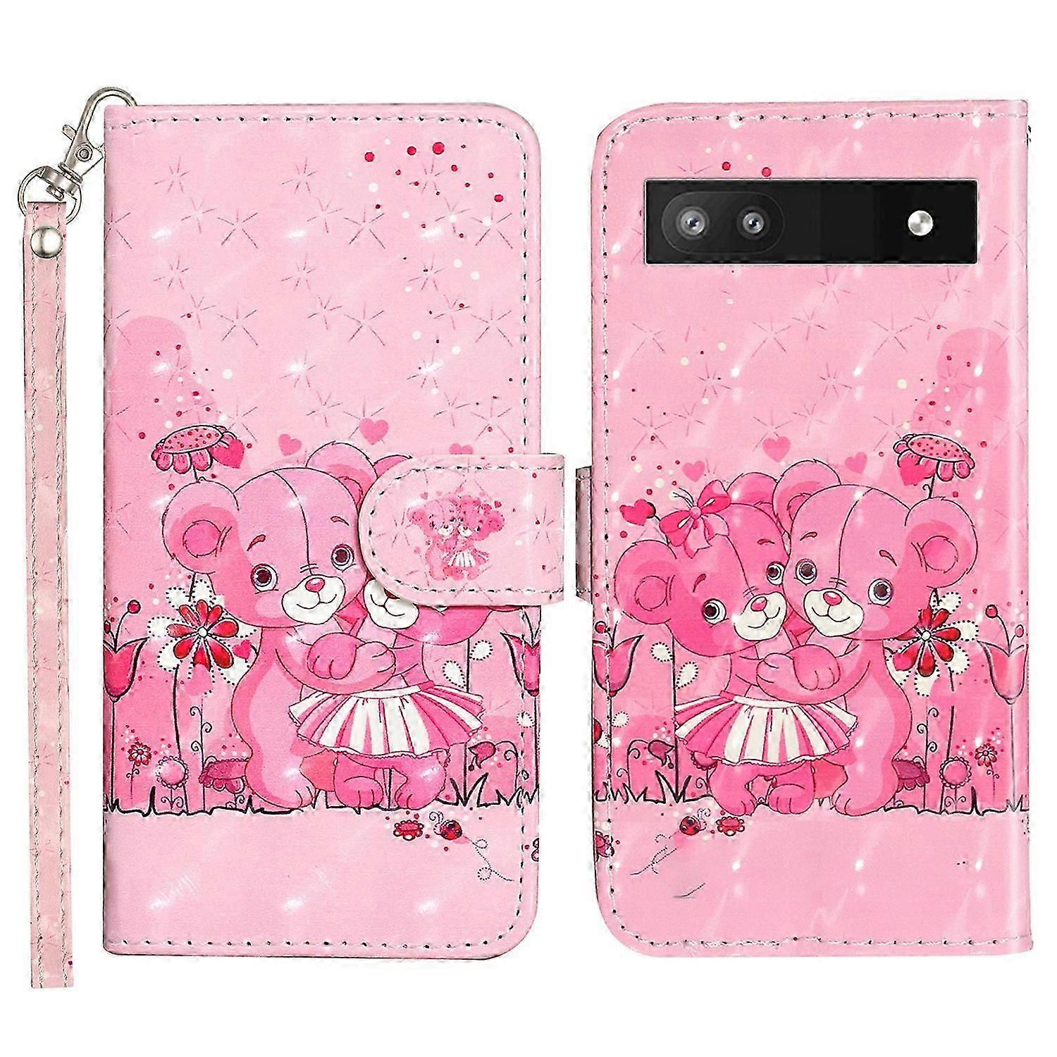 For Google Pixel 7a PU Leather 3D Pattern Printing Phone Case Stand Wallet Flip Cover with Strap