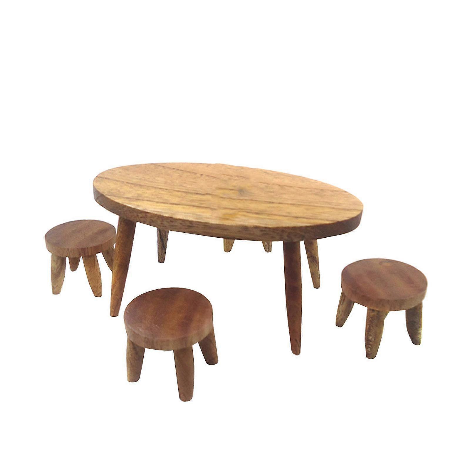 4 Pieces Mini Wooden Round Table and Stool Model Dining Room Decor