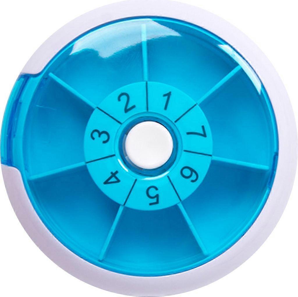 Round pill box, pill box, 7 day pill box, twist pill box with pressure lock, blue numbers