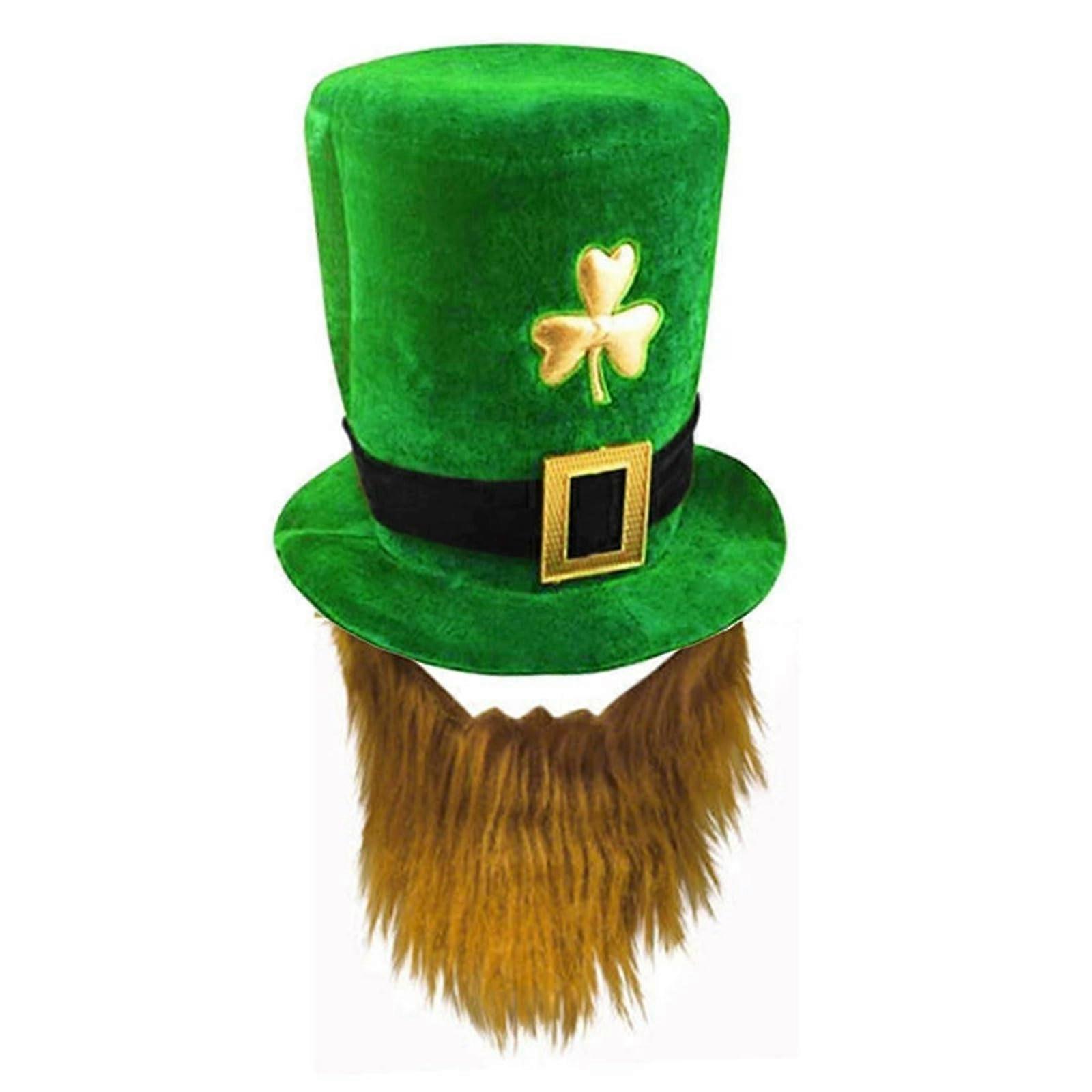 Adult Deluxe Green Leprechaun Top Hat with Ginger Beard for St. Patrick's Day, Velvet Fabric, One Size Fits All, Irish Costume Accessory