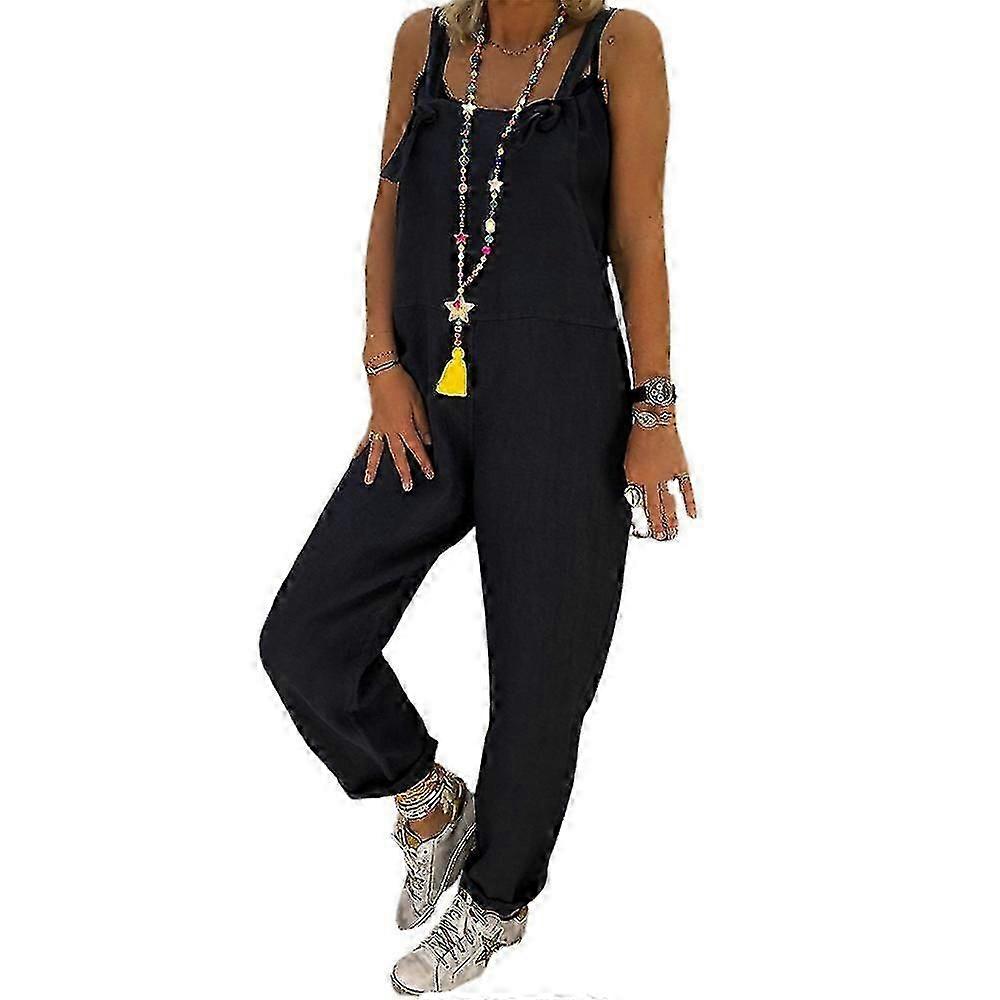 Plus Size Women's Solid Sleeveless Long Bib Pants Casual Jumpsuits Rompers Summer