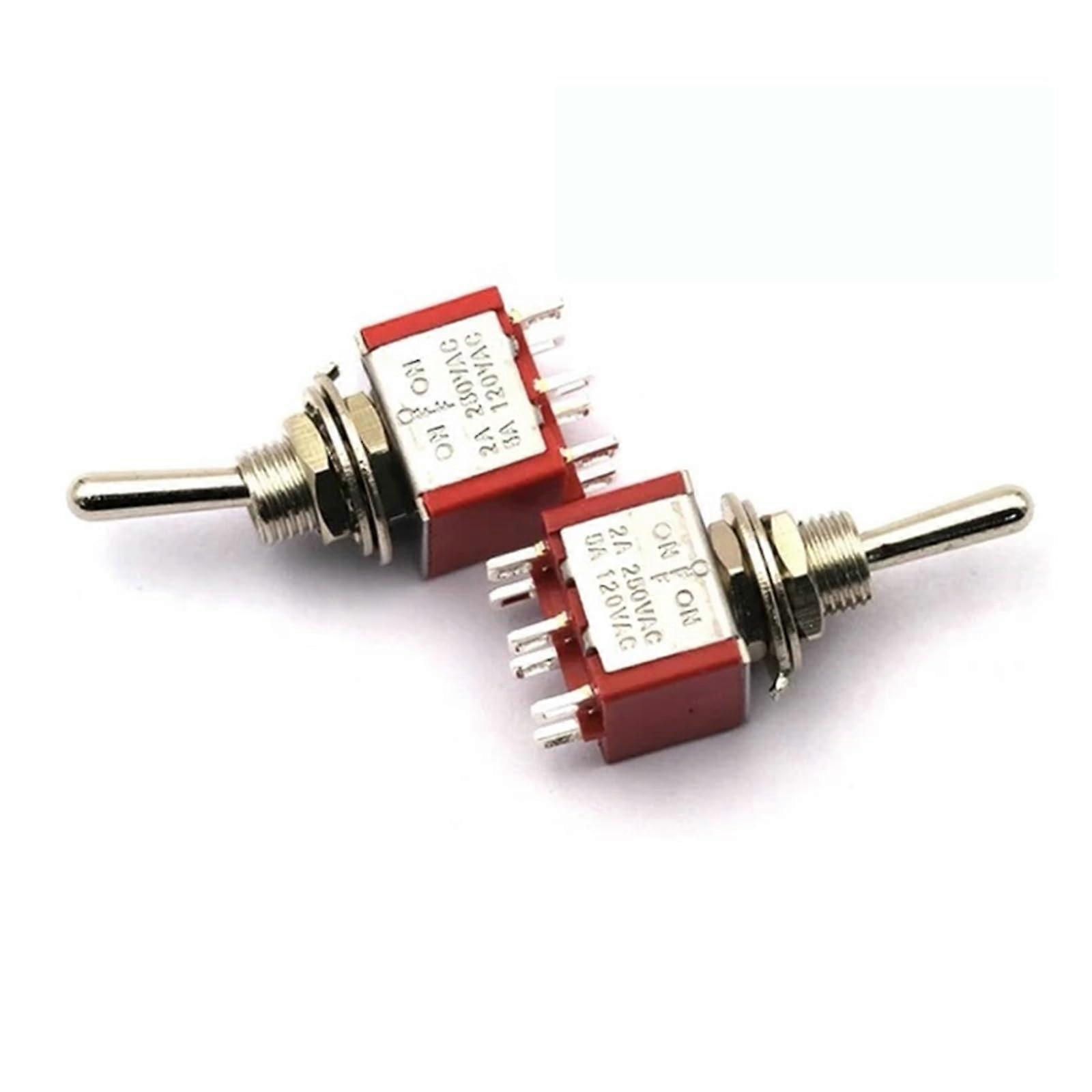 Miniature Lever Toggle Switch Single Pole Double Throw ONOffON/ONON 120VAC 6A 1/4 Inch Mounting MTS102 103 202 203 (6Pin ONOffON Red) Pack of 5