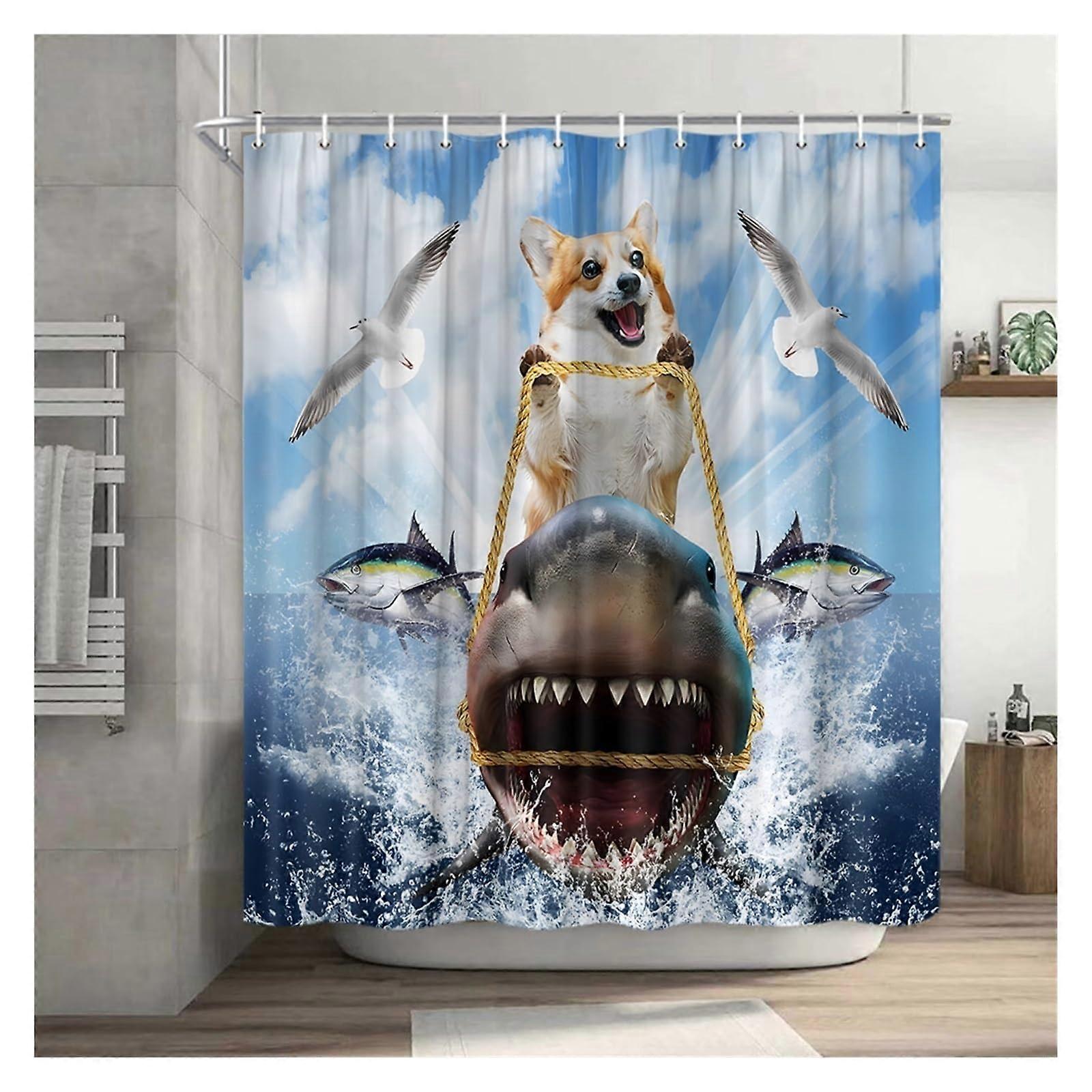 Funny Cat Shower Curtain, Cool Cat, Dinosaur, Japanese Ocean Wave (180x210cm) Ref: 8900