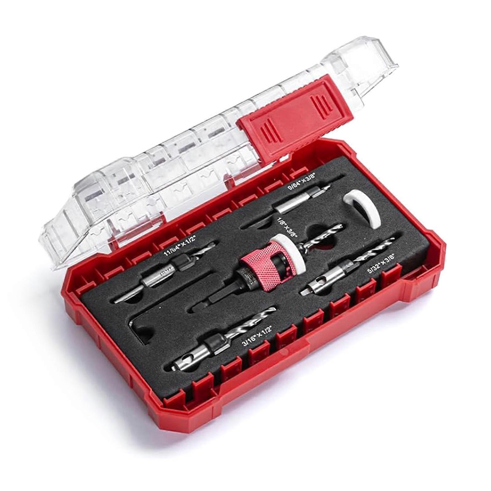 5pcs Hex Shank Countersink Drill Bit Set with Adjustable Bit Depth Stop for Furniture Making and Renovations Projects  Red