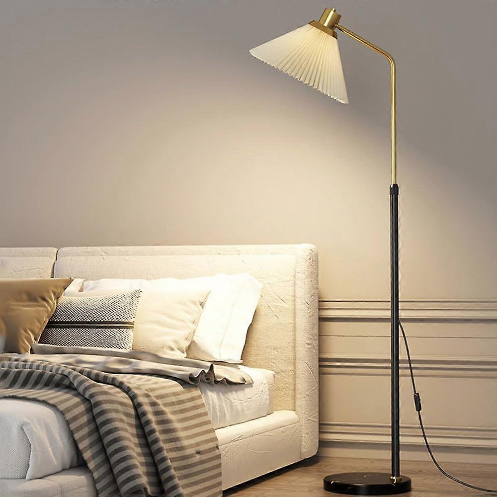 Modern floor lamp for living room, pleated shade, pushbutton switch, marble base