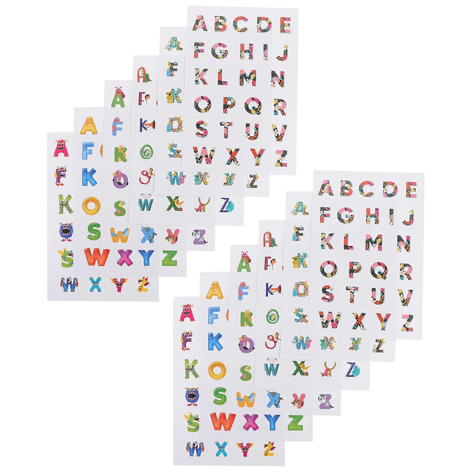 Decorative Alphabet Letters Learning Stickers Home Kids Room Educational Assorted Color Adhesive 12 Sheets Per Set