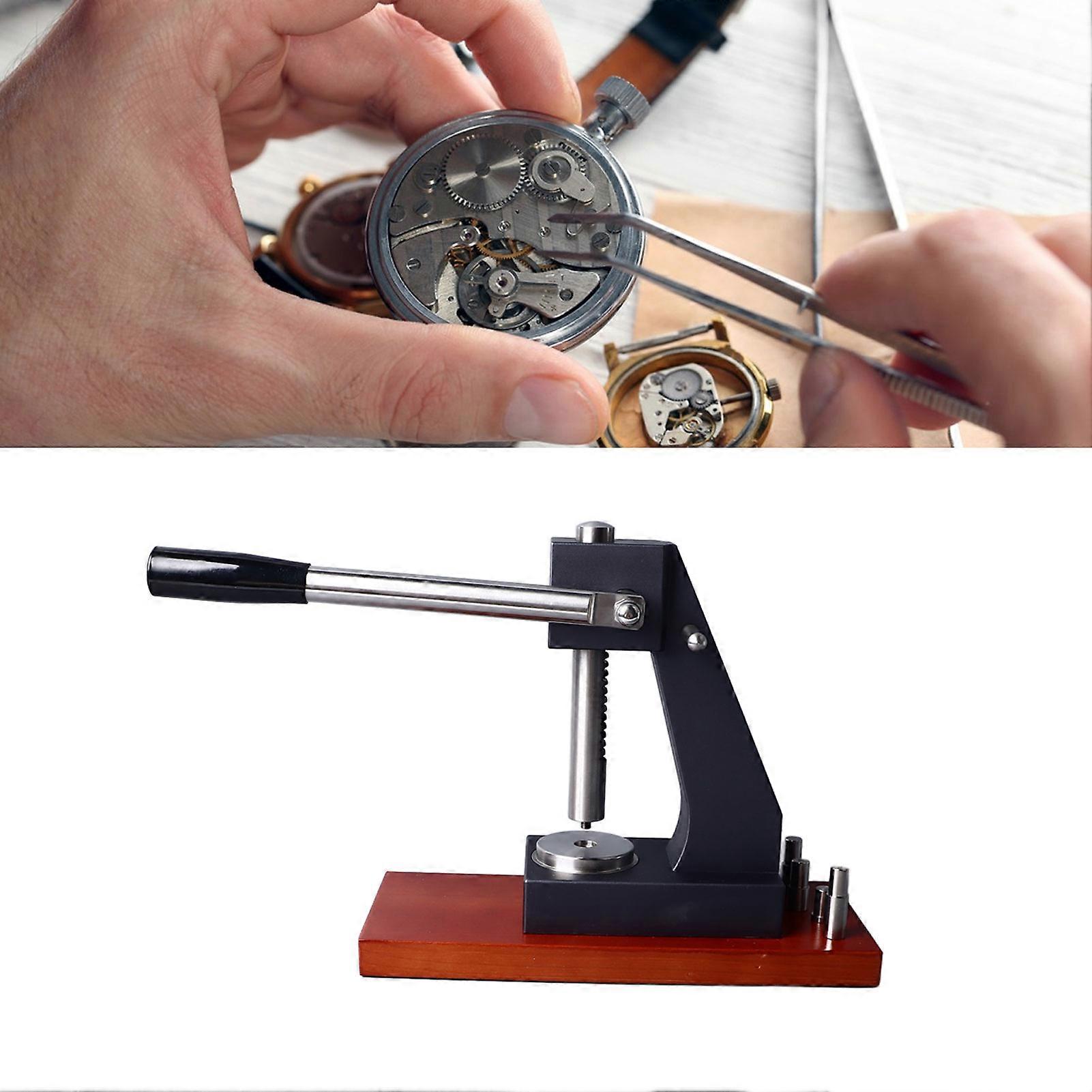 6173 Watch Back Press Set with Beech Wood Base Silver Metal Tool