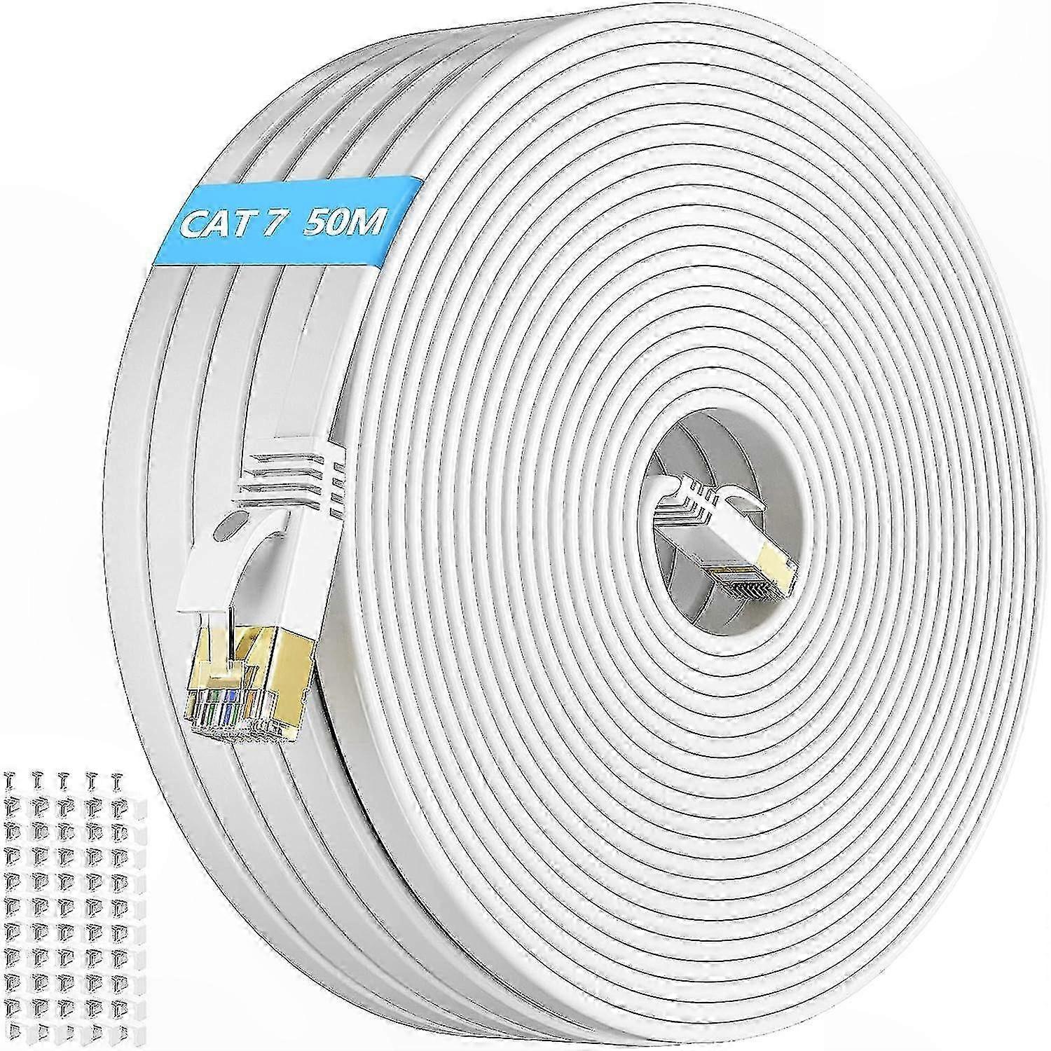 50m Shielded FTP Ethernet Cable - Flat Gigabit RJ45 LAN Cord for Reliable Networking (White)