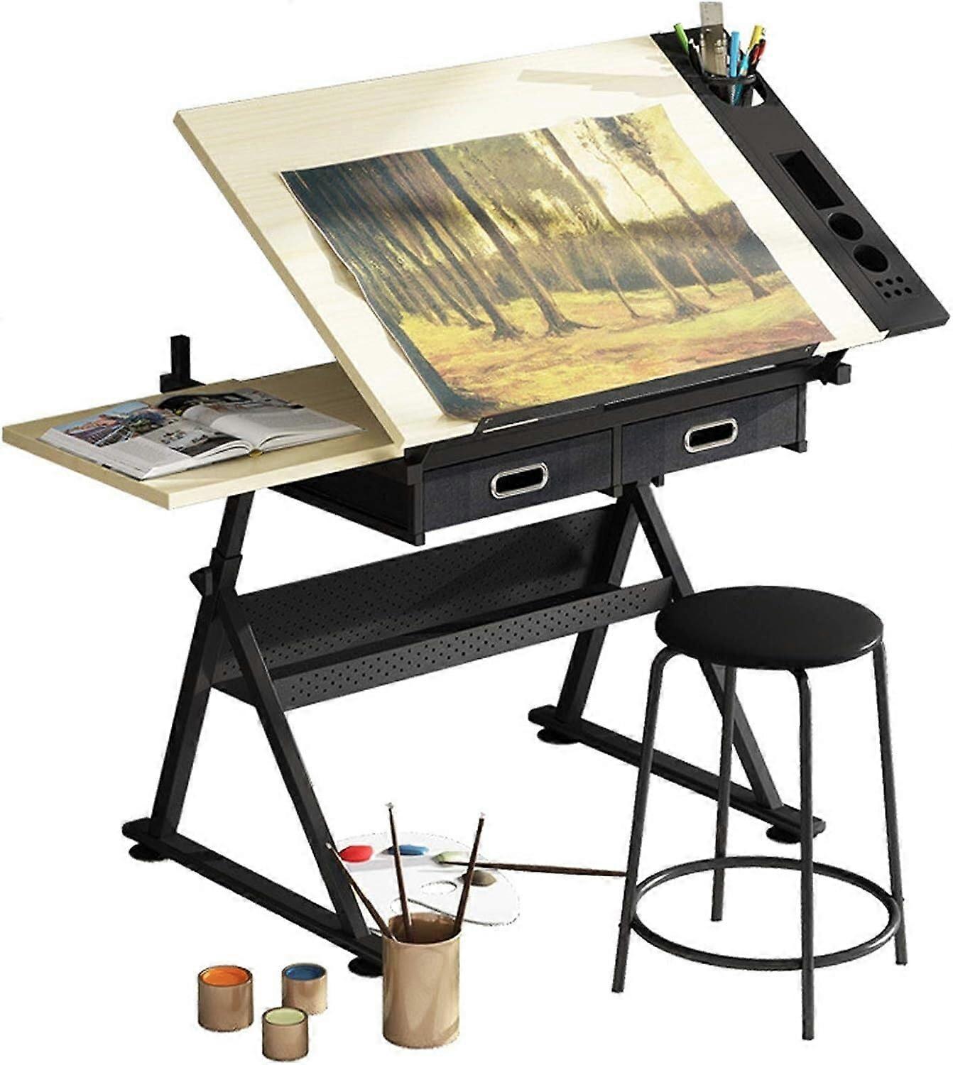 Drafting Desk Wooden Drawing Table Height Adjustable Tiltable Tabletop 080 Art Studio With 2 Storage Drawers