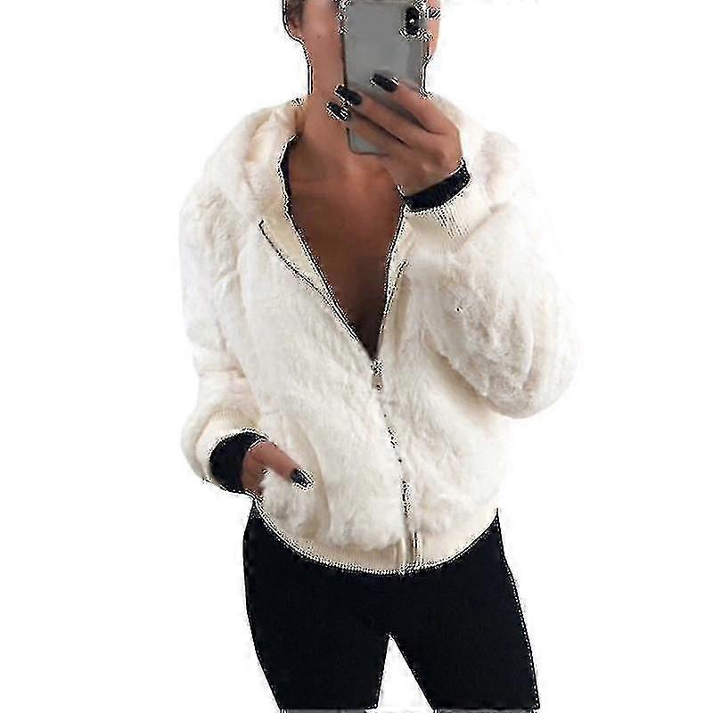 Mulheres Encapuzadas Fleece Fluffy Jaqueta com Capuz de Pele Falsa