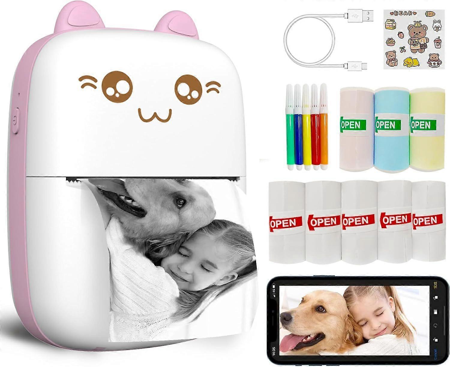 Mini Wireless Bluetooth Thermal Printer with 8 Rolls of Paper, Compatible with iOS + Android, Can Be Used for Diary, Memo, Photo Pink