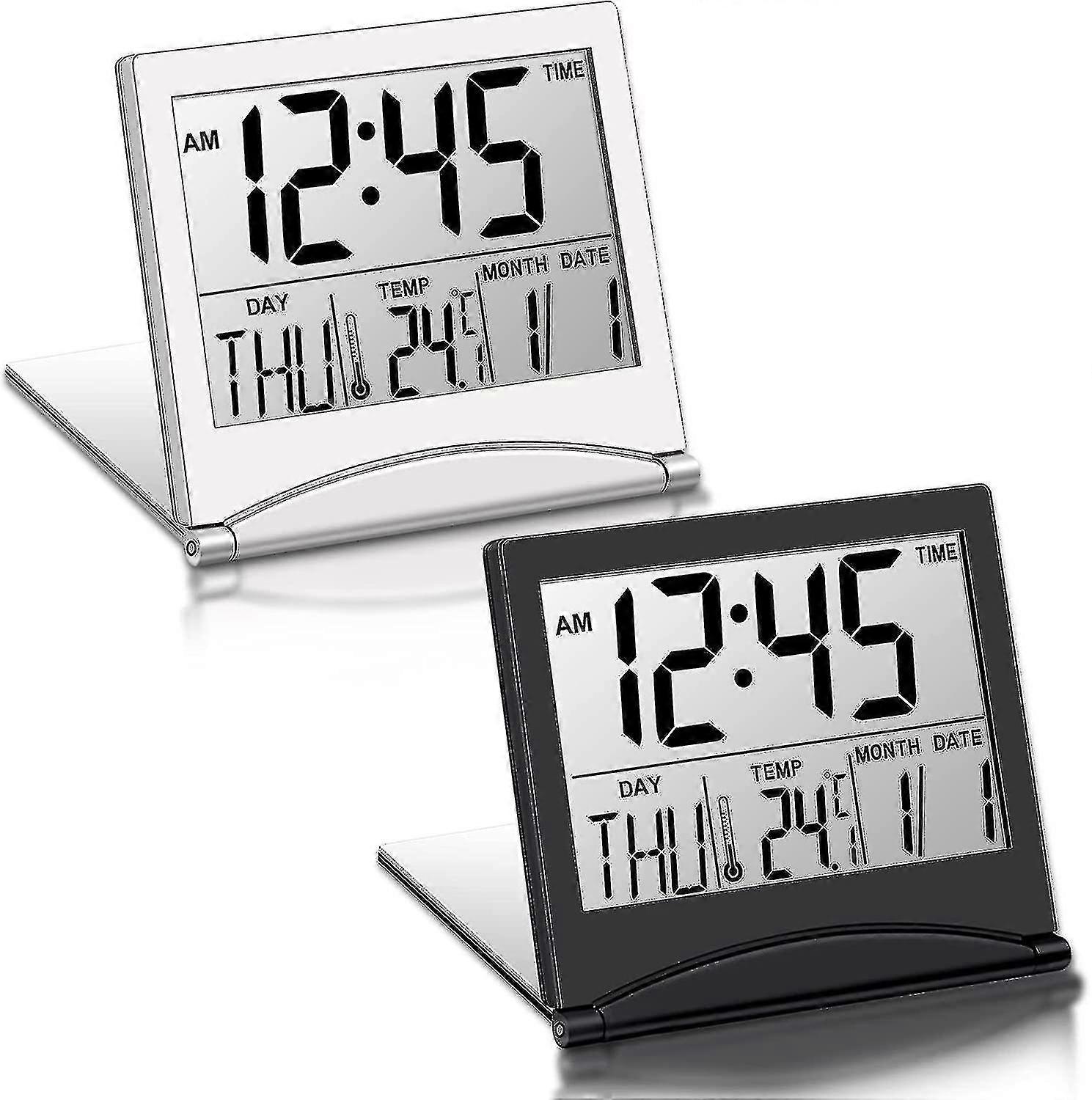Travel Alarm Clock Set: 2 Piece Digital, Battery Operated with Calendar & Temperature Display, Foldable LCD Clock SN