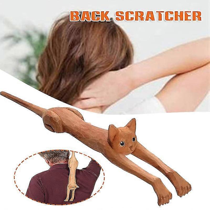 Cat-shaped Back Scratcher With Long Handle Wooden Back Massage Tool For Family