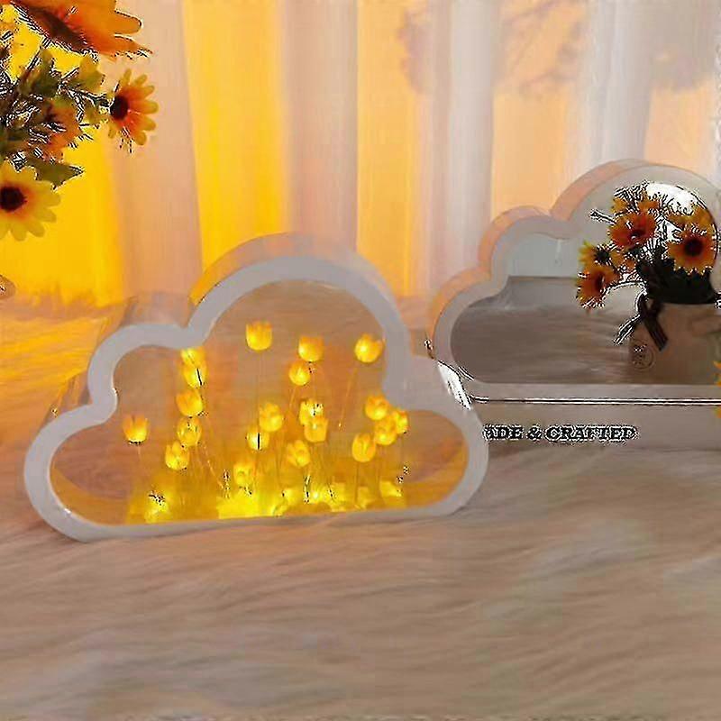 DIY Tulip Night Light with Cloud Mirror, Simulation Flower Bedroom Decor Lamp