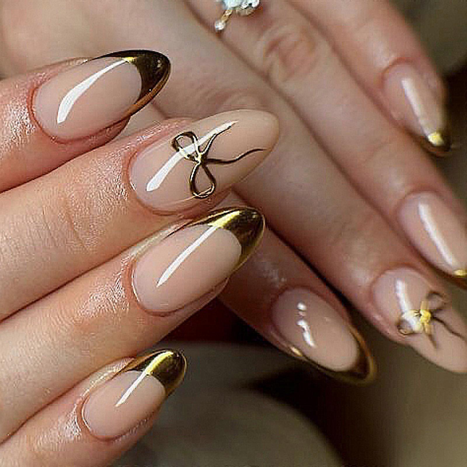 24 st mandel press-on nagel rosett design franska lösnaglar akryl lösnaglar, konstgjorda nagellim på nageln för kvinnor flerfärgade