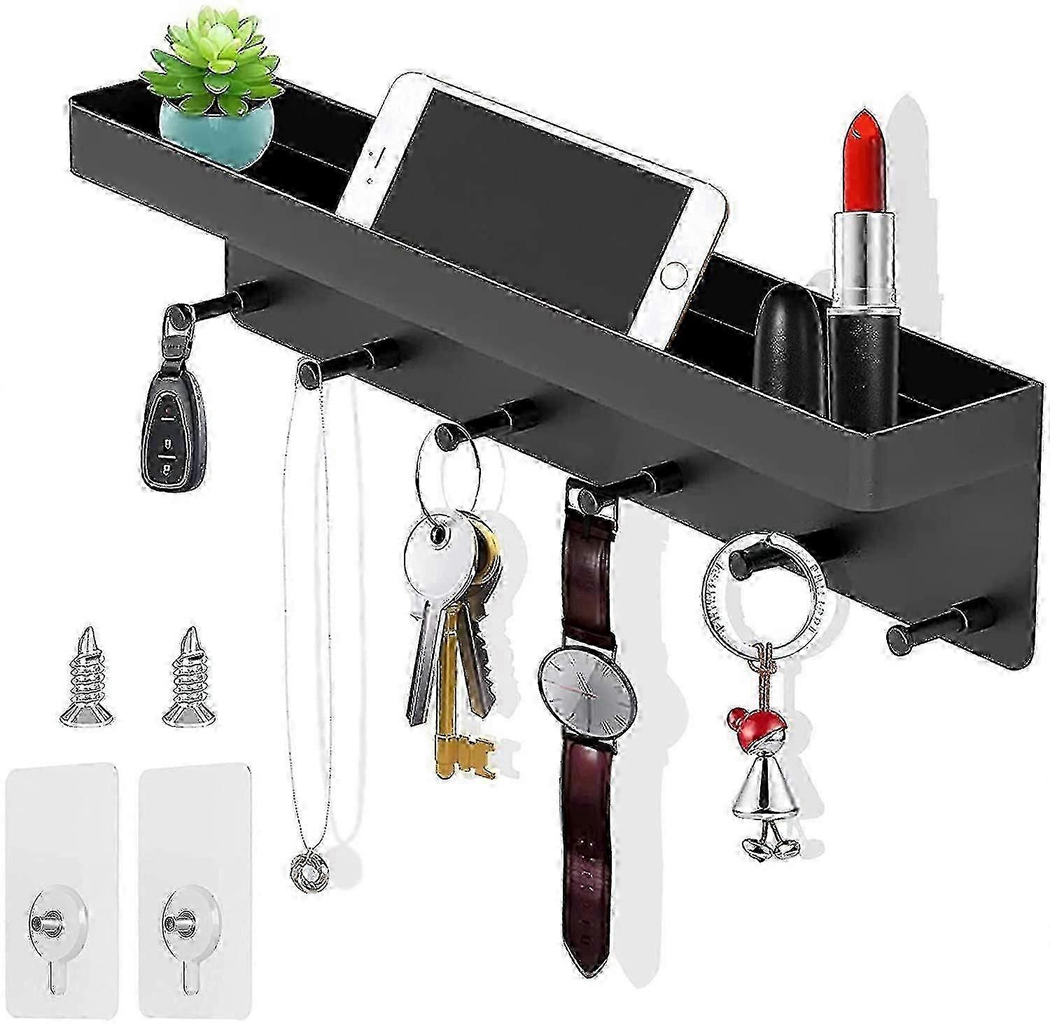 Modern Key Organiser with Shelf and 6 Hooks - Sleek Black Design for Tidy Entryways