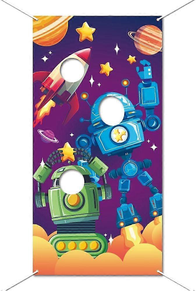 Space Robot Photo Door Banner Robot and Rocket Phtography Backdrop for Birthday Party Decor Large Fabric Hanging Banner with Rope for Interstellar Spa