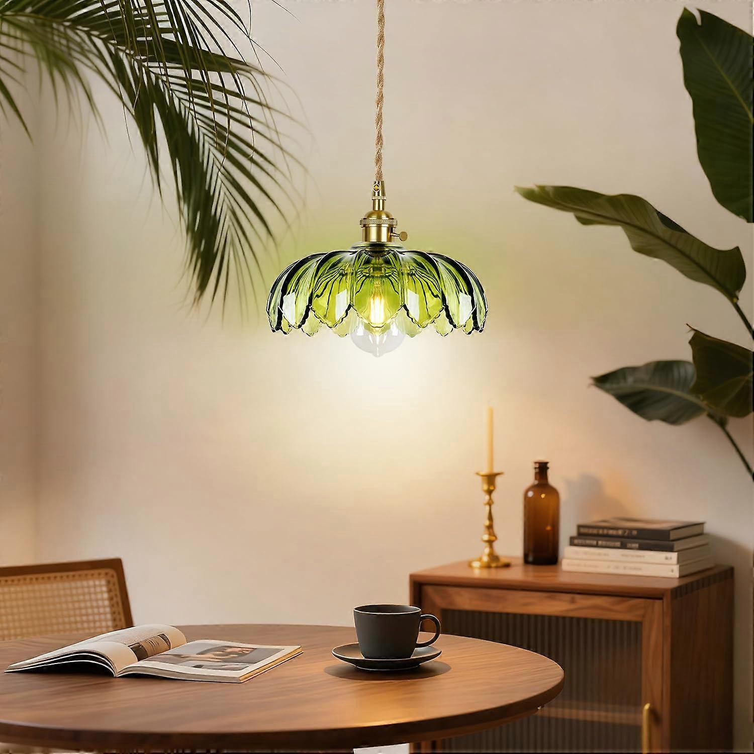 Plug in Pendant Light with Elegant Green Glass Shade, Dual Switch, 14.7ft Cord for Kitchen Island