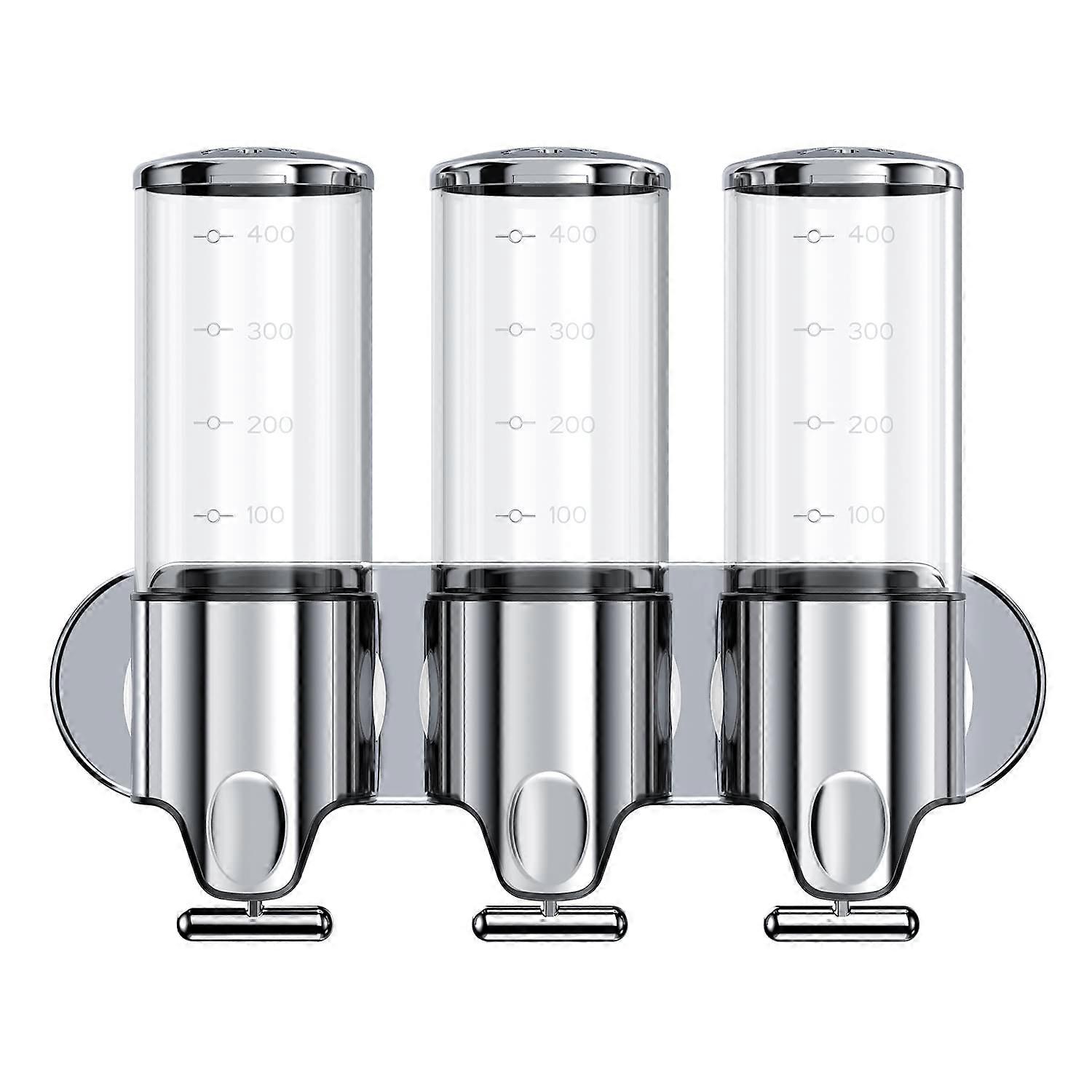 3 Chamber Wall Mounted Shower Shampoo Dispenser No Drill Refillable 17.6oz Transparent Colorless Set