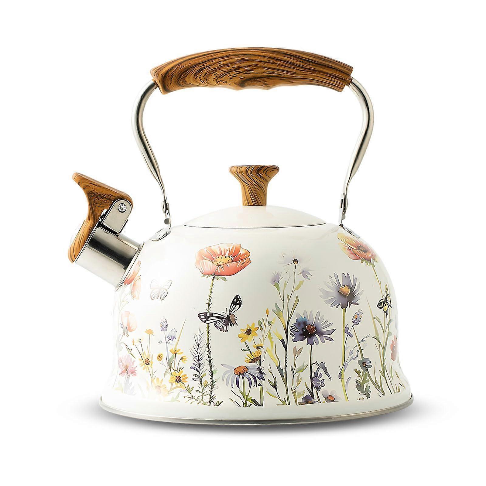 3L Stainless Steel Whistling Tea Kettle with Flower Design and AntiHot Handle for Gas and Induction