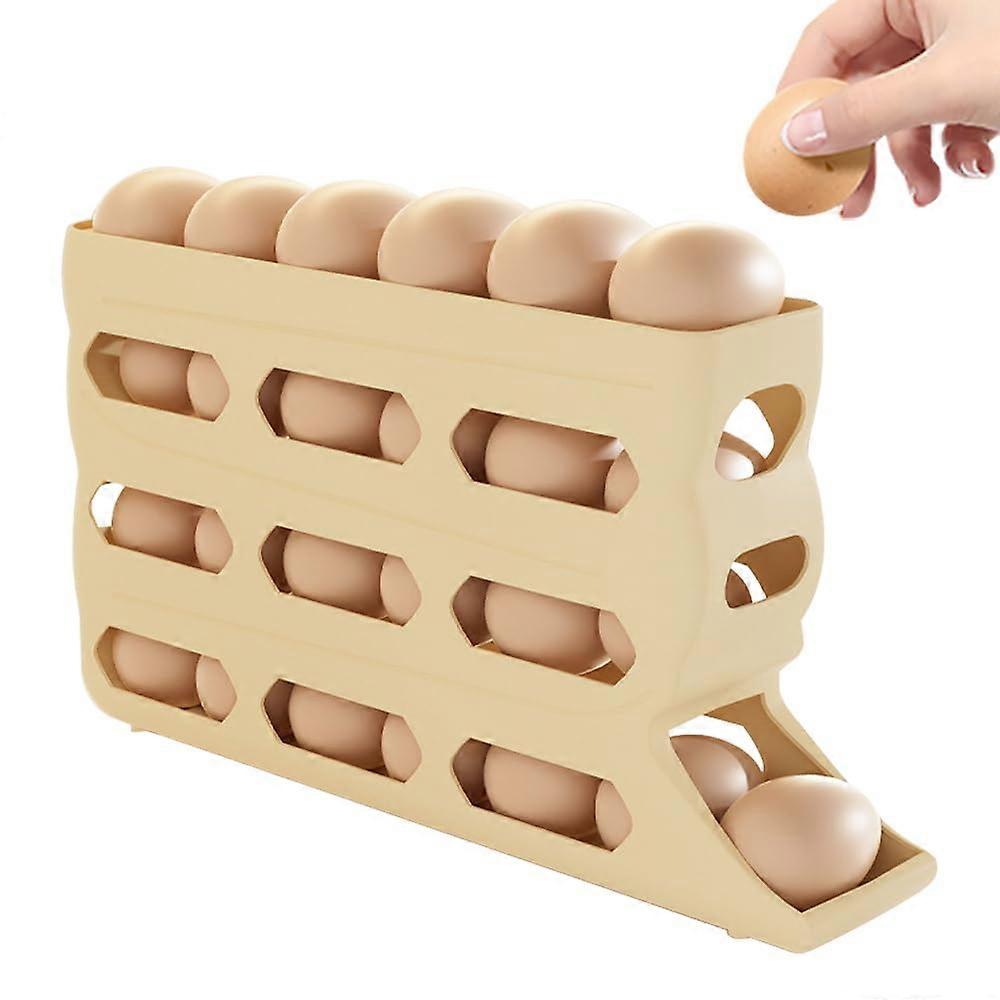 Egg Holder for Refrigerator, 4Tier Stackable Egg Storage Organizer with Automatic Rolling, 30Egg Large Capacity, Beige