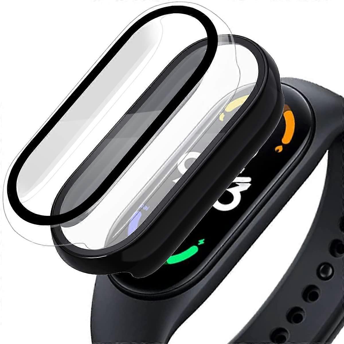 Case with Tempered Glass Screen Protector for Xiaomi Band 7, 2Pack 9H Full Coverage Black and Transparent