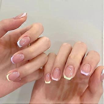 French Tip Press On Nails Short Square Fake Nails with Colorful Tips, Reusable Nail Set 24 Pcs