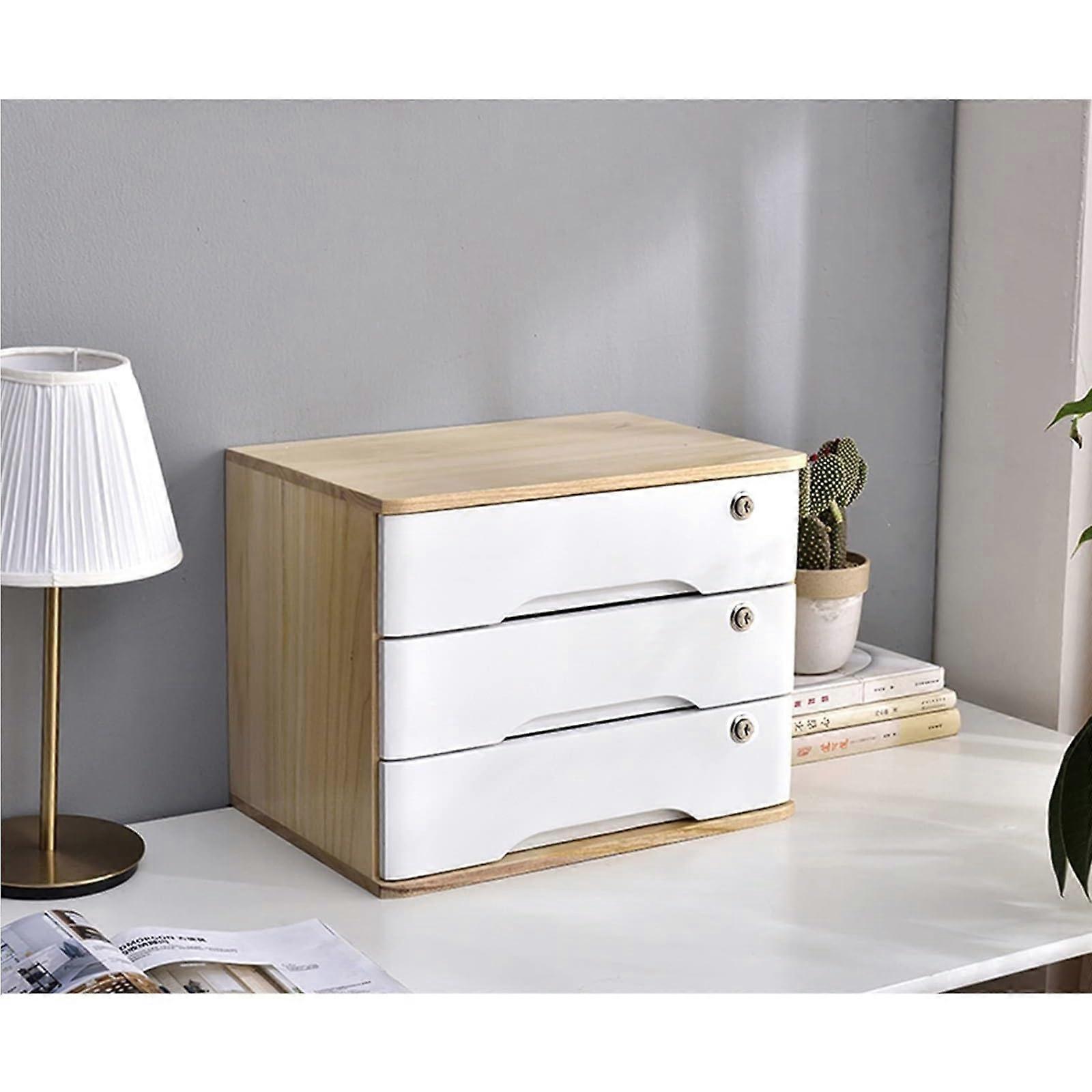 Desktop Storage Box Solid Wood File Cabinet with Lock, Rustic MultiDrawer Desk Organizer B 40x28x31cm