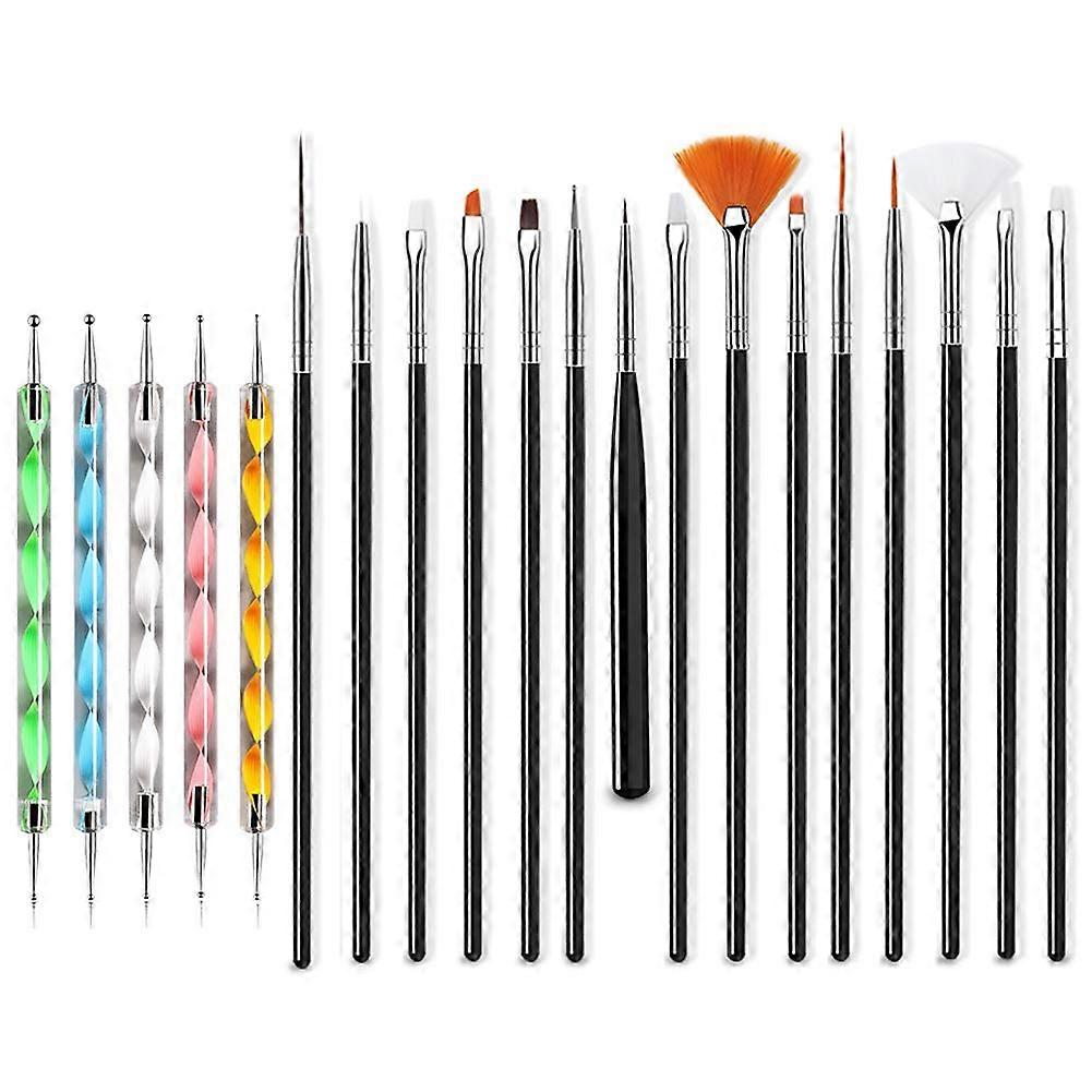 20 Piece Nail Art Brush Set with Dotting Tools, Professional Black Handle Design Kit
