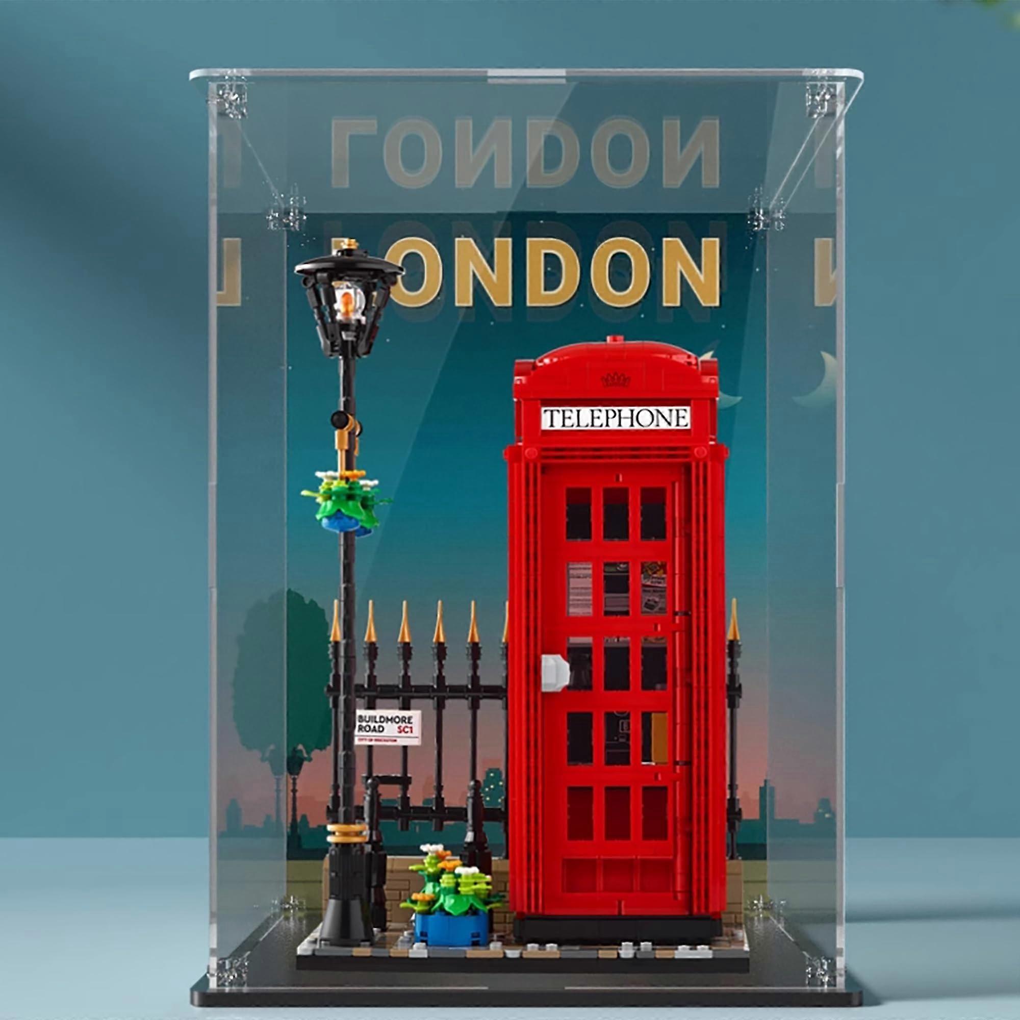 Acrylic Display Case for  21347 London Telephone Booth, Clear Dustproof Stackable Box with Background