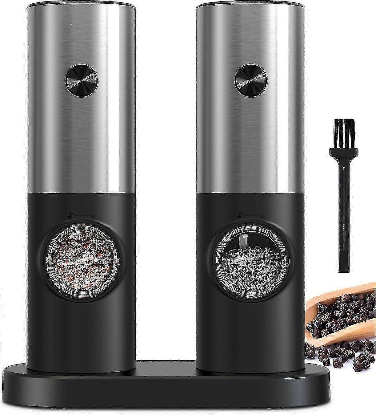 Automatic Salt and Pepper Grinder Set, Adjustable Grinding Settings, Large 2.3oz Container with Visible Window and Storage Base