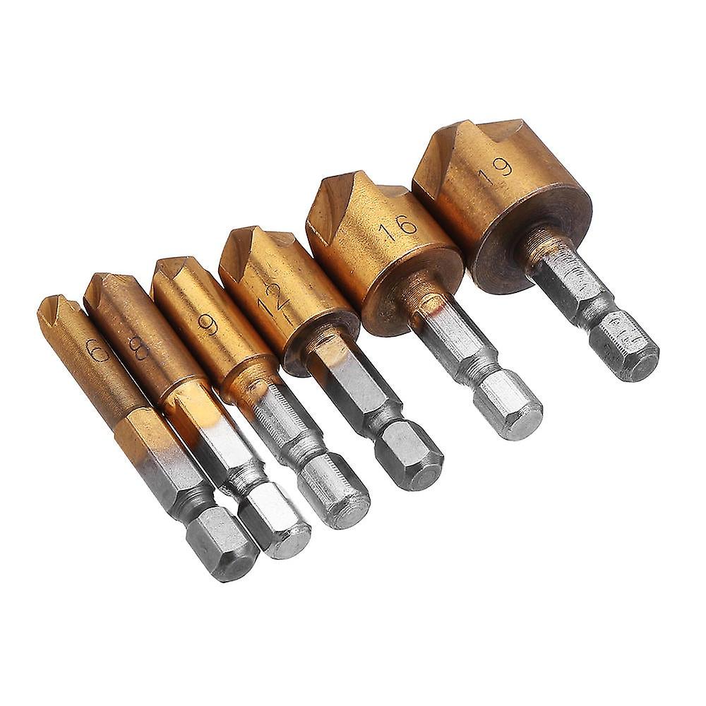 6Pcs 6-19mm 82 Degree 5 Flute Titanium Chamfering Cutter Hex Shank Countersink Drill Bit