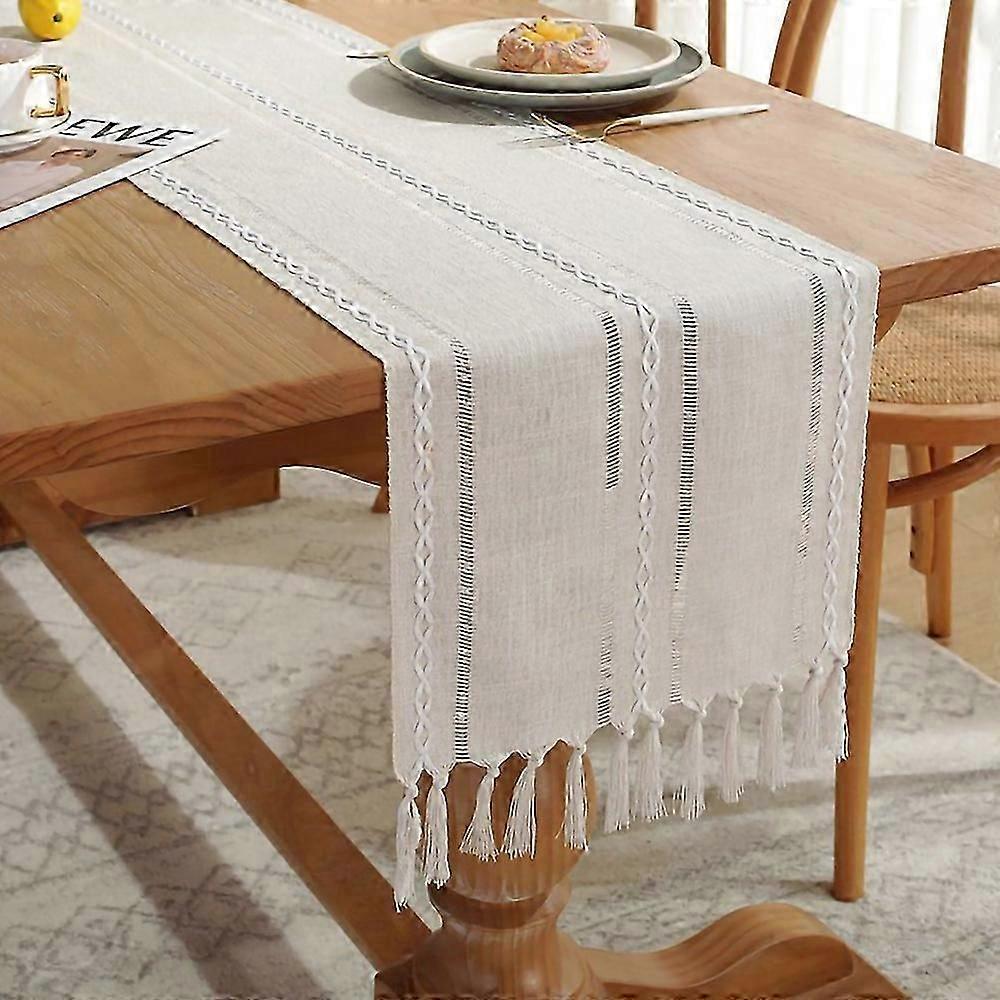 Table runner beige boho polyester odorless table runner country house style table runner with tassels