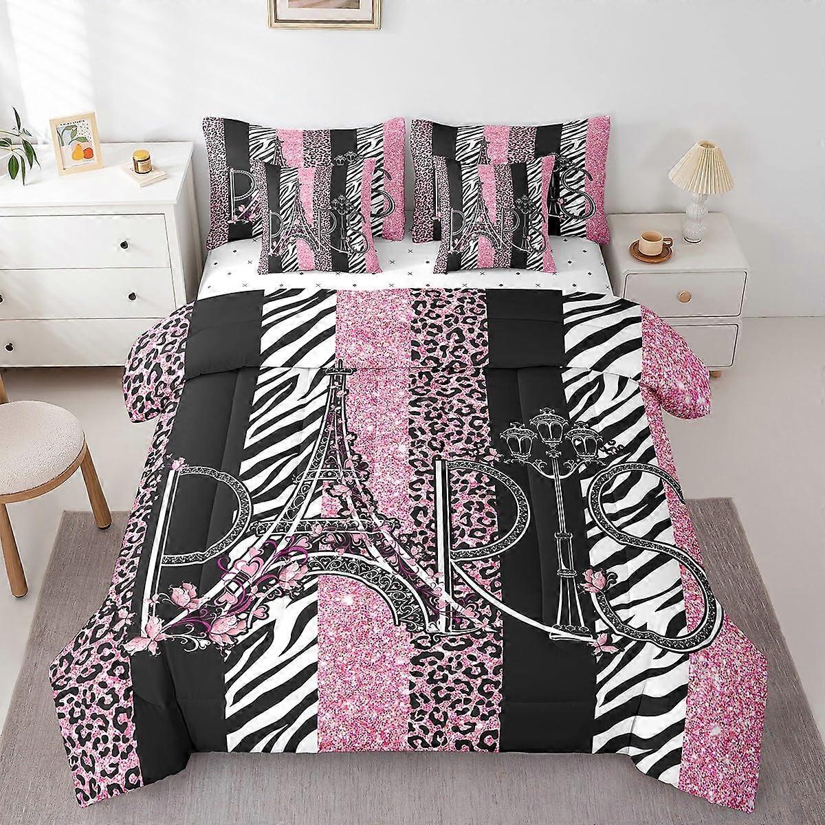 7 Piece Full Size Comforter Set Pink Eiffel Tower Leopard Zebra Print Bedding Geometric Patchwork Design