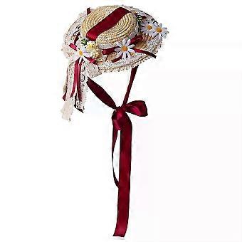 Lolita Straw Hat Women Girl Victorian Pastoral Style Lace Bonnet Hat for Costume Tea Party Flat Cap part